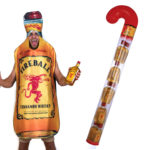 Man wearing Fireball Whiskey costume and candy cane filled with Fireball Whiskey