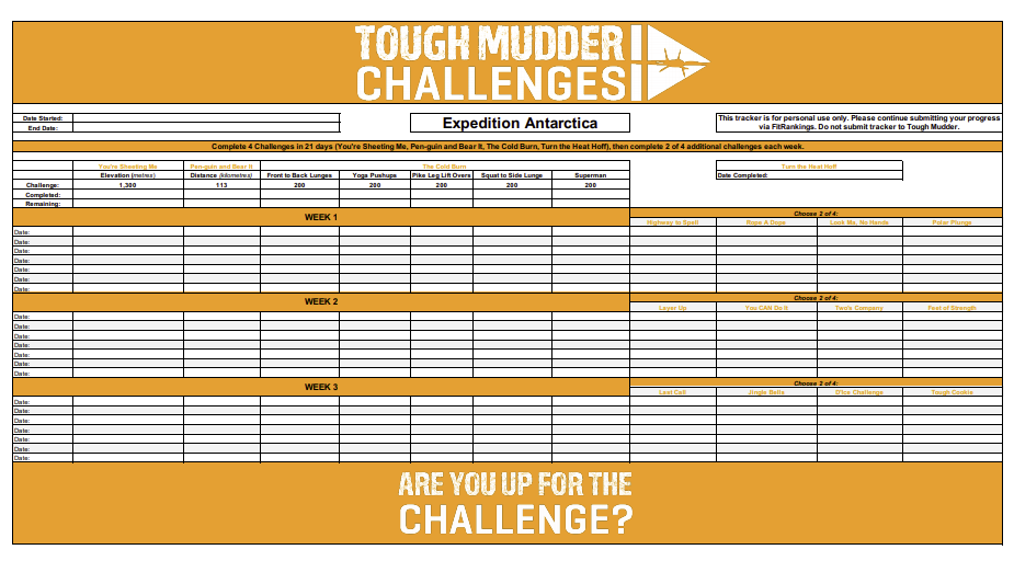 Tough Mudder Challenges monitoring sheet